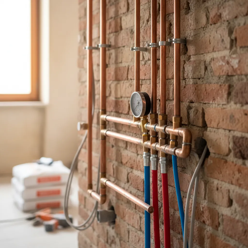 Tubazioni nuove in fase di prova di tenuta prima della chiusura delle tracce nei muri