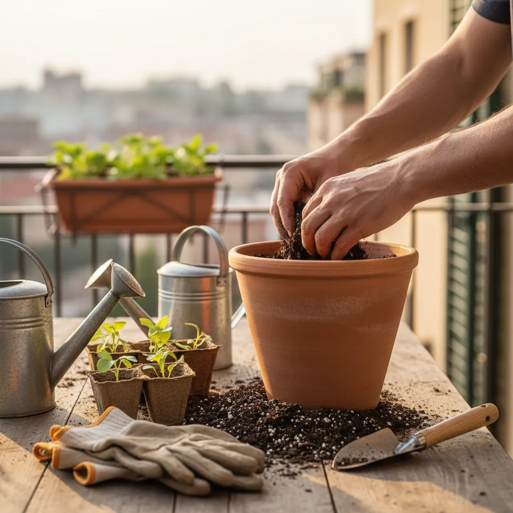La preparazione del terriccio con perlite e compost è il primo passo per un orto sul balcone produttivo