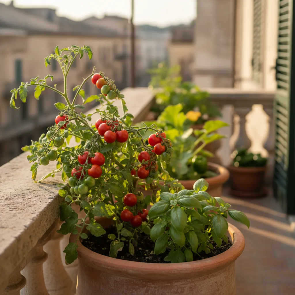 Pomodori ciliegini e basilico coltivati in vaso sul balcone: un abbinamento perfetto anche in cucina