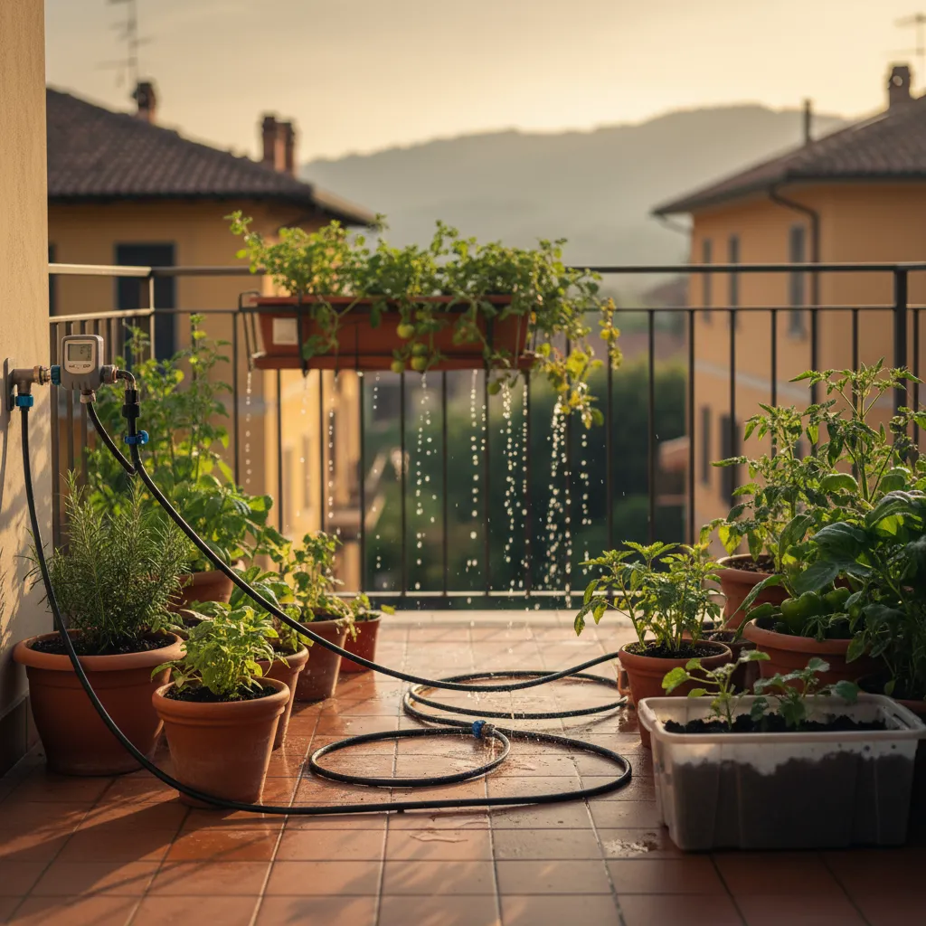Un sistema di irrigazione a goccia con timer permette di gestire l'orto sul balcone anche durante le vacanze
