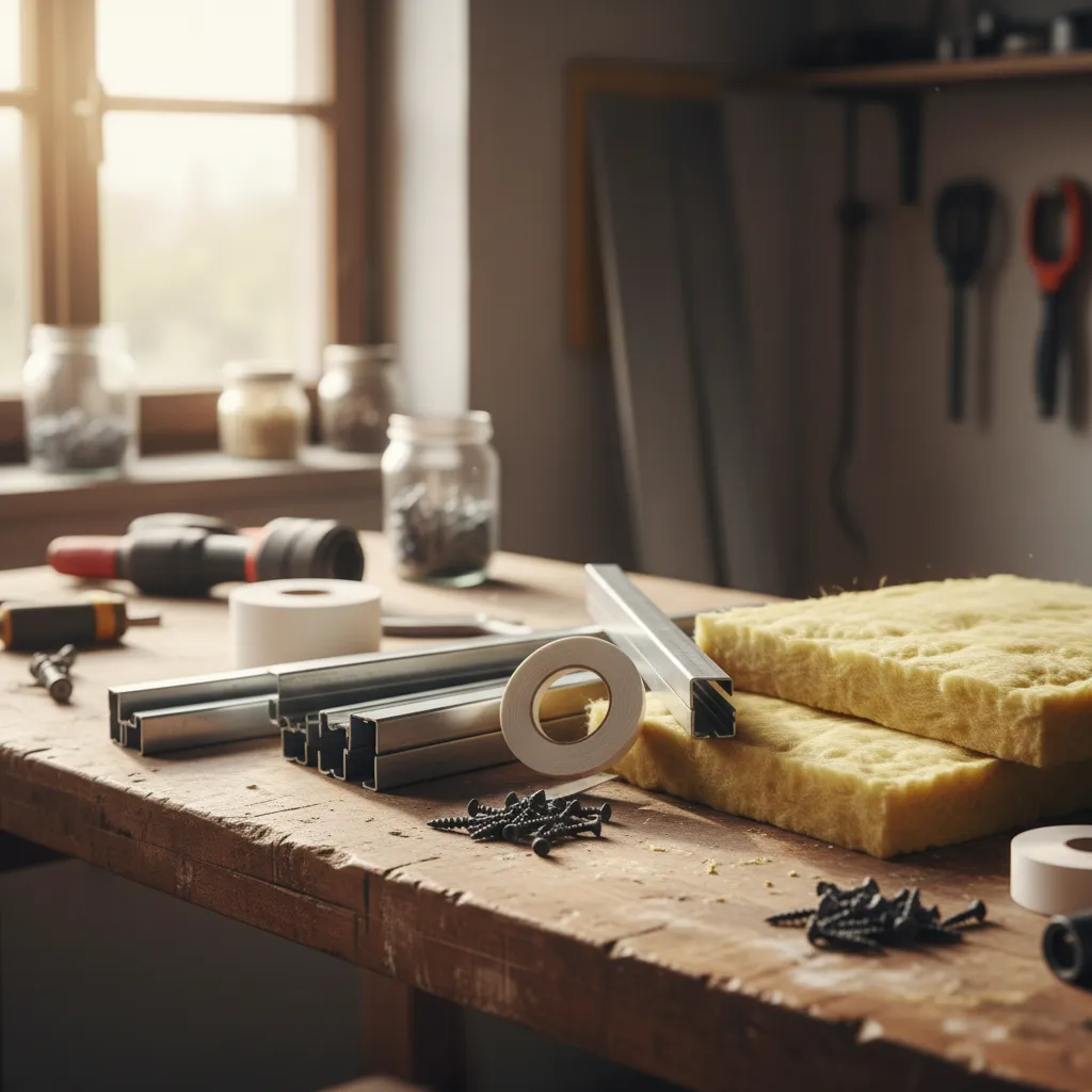 Materiali necessari per il montaggio: profili metallici, viti fosfatate, banda resiliente e pannelli di lana minerale