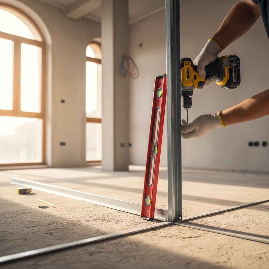 Fissaggio di un montante verticale nella guida a pavimento con avvitatore a batteria e controllo della verticalità