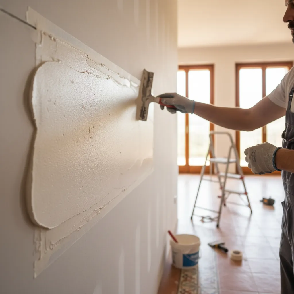 Stuccatura dei giunti con spatola larga e nastro microforato per una finitura perfetta della parete