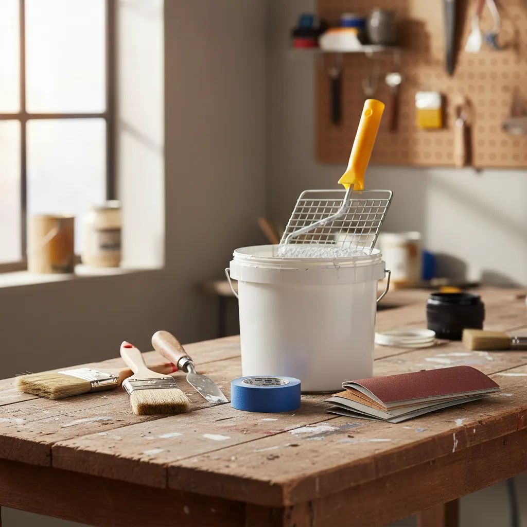 Tutti gli strumenti necessari per pitturare le pareti: rullo, pennelli, nastro di carta, spatola e secchio con griglia