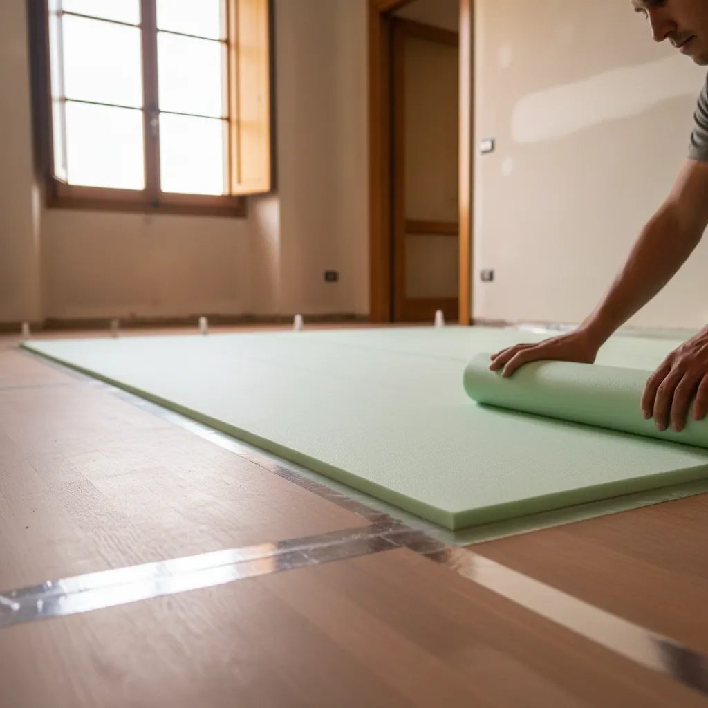 Posa del sottostrato isolante in polietilene con nastro adesivo in alluminio