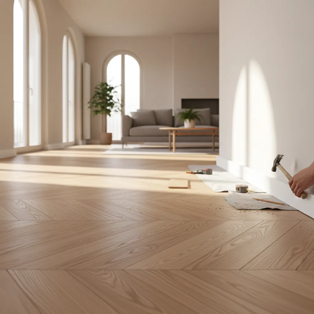 Pavimento laminato completato con schema a correre e posa dei battiscopa