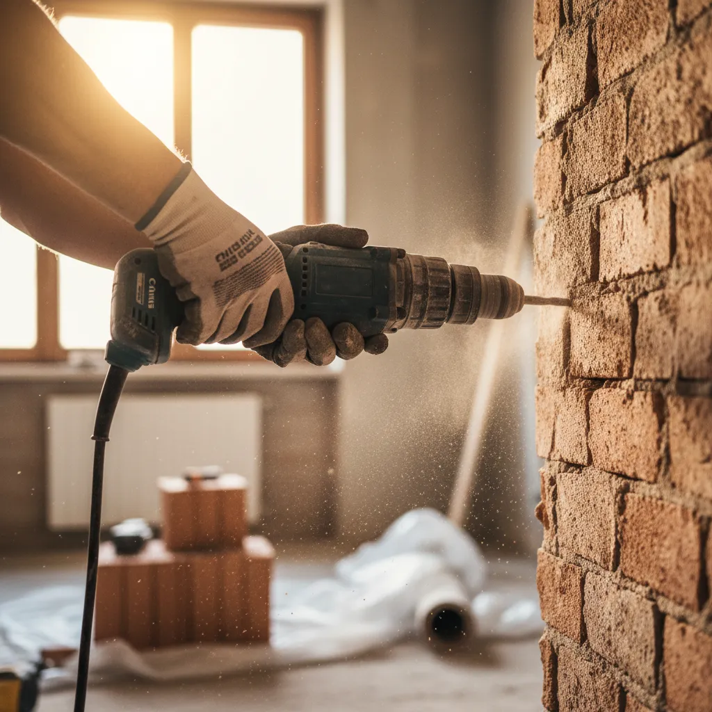 Foratura di un muro in mattoni con trapano a percussione a batteria 18 V
