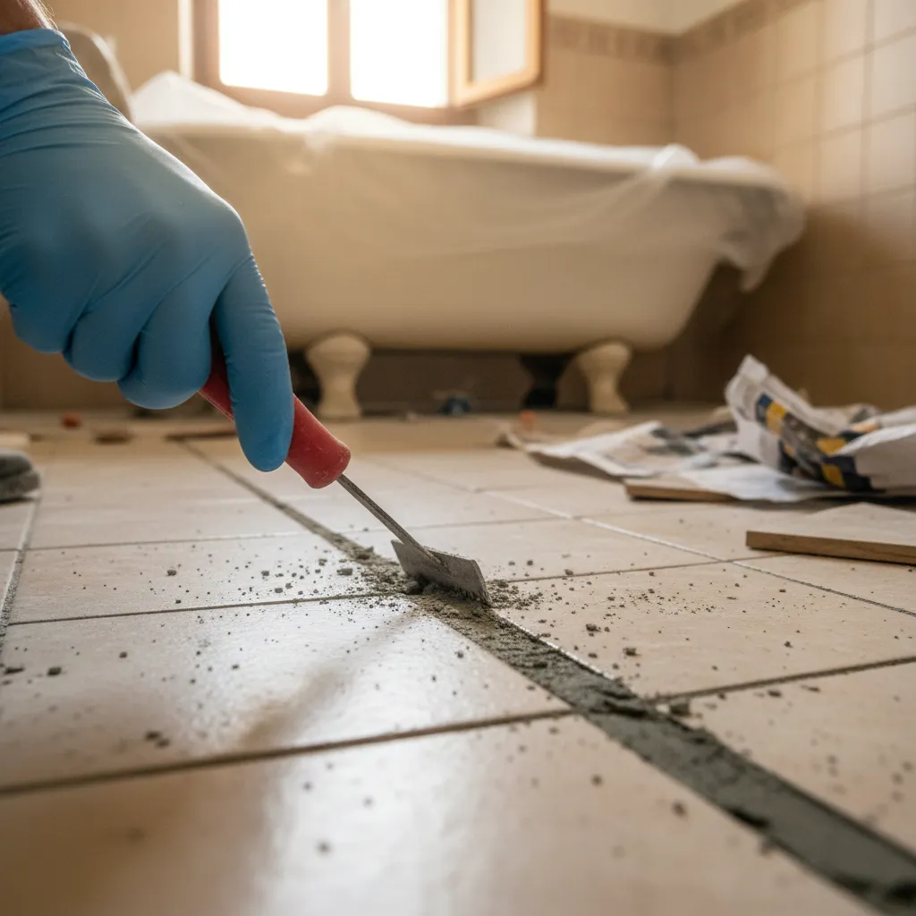 Rimozione del vecchio stucco deteriorato con raschiafughe prima della ristuccatura