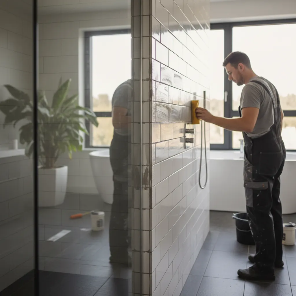 Pulizia delle piastrelle della doccia dopo la stuccatura con spugna umida