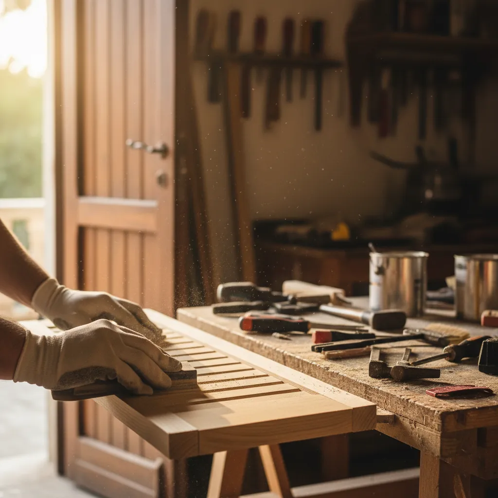 Carteggiatura manuale delle lamelle di una persiana in legno prima della verniciatura