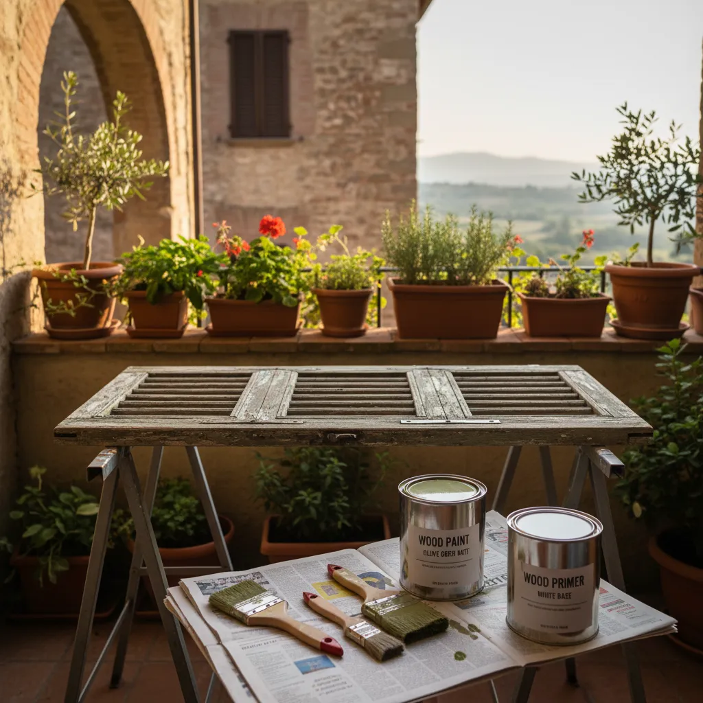 Smalto, fondo e pennelli pronti per la verniciatura delle persiane in legno
