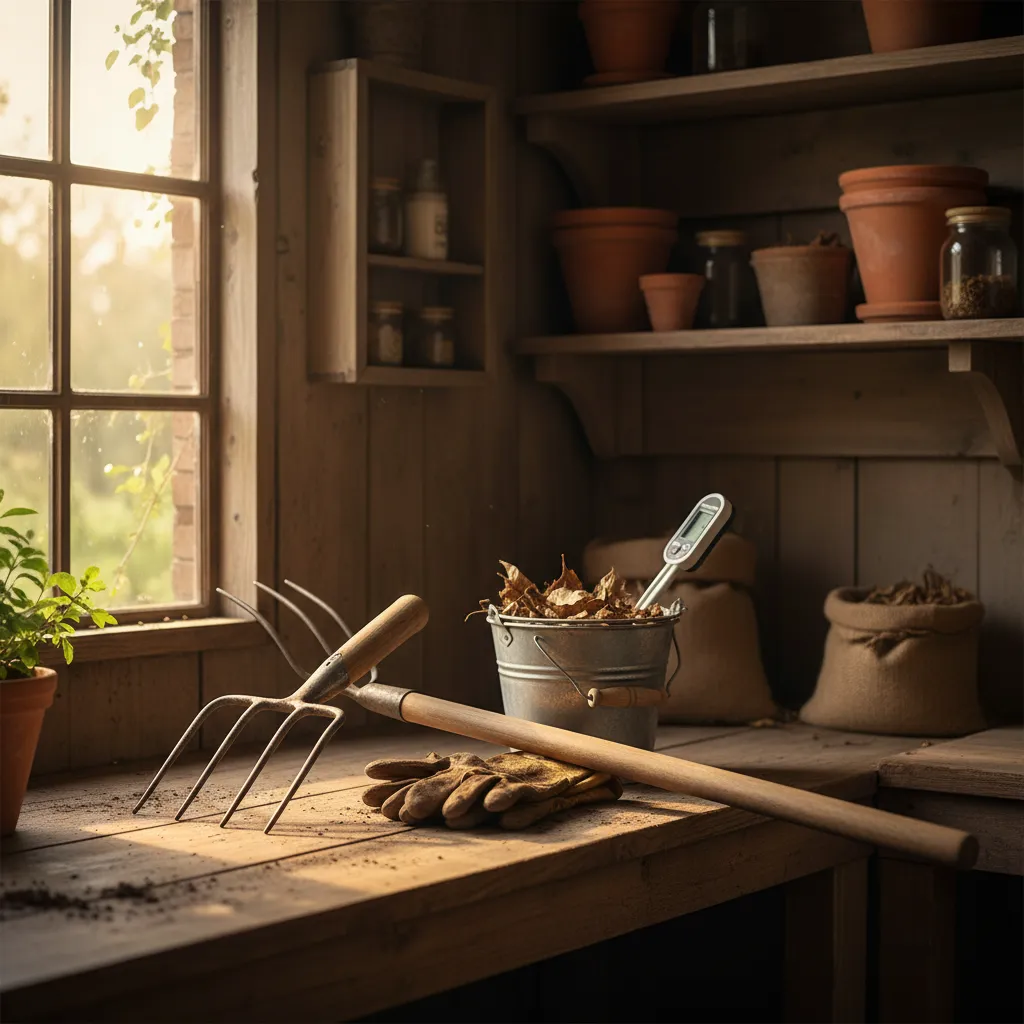 Gli attrezzi essenziali per il compostaggio: forca, secchiello, guanti e termometro a sonda