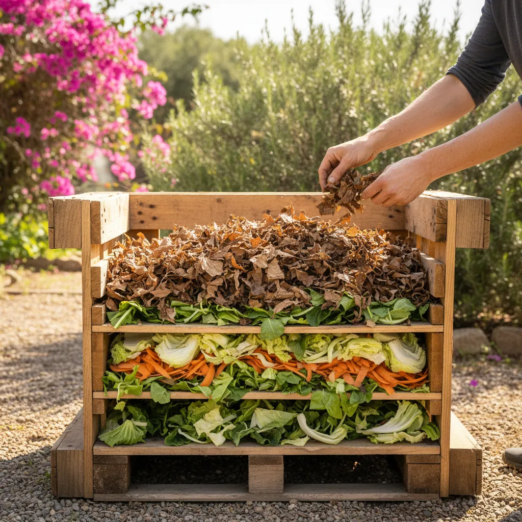 La stratificazione corretta: scarti verdi di cucina alternati a foglie secche e materiale marrone
