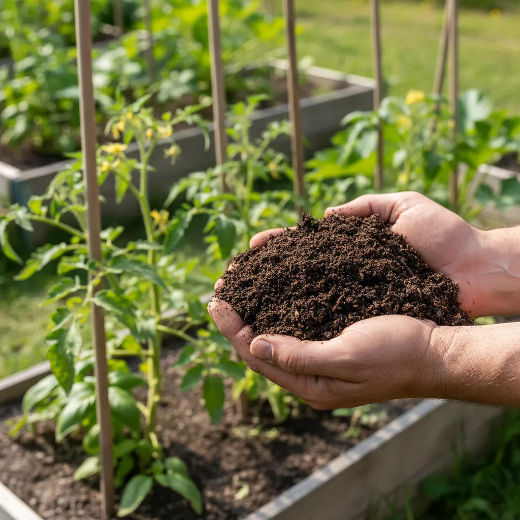 Compost maturo pronto all'uso: colore bruno scuro, consistenza friabile e odore di terra di bosco
