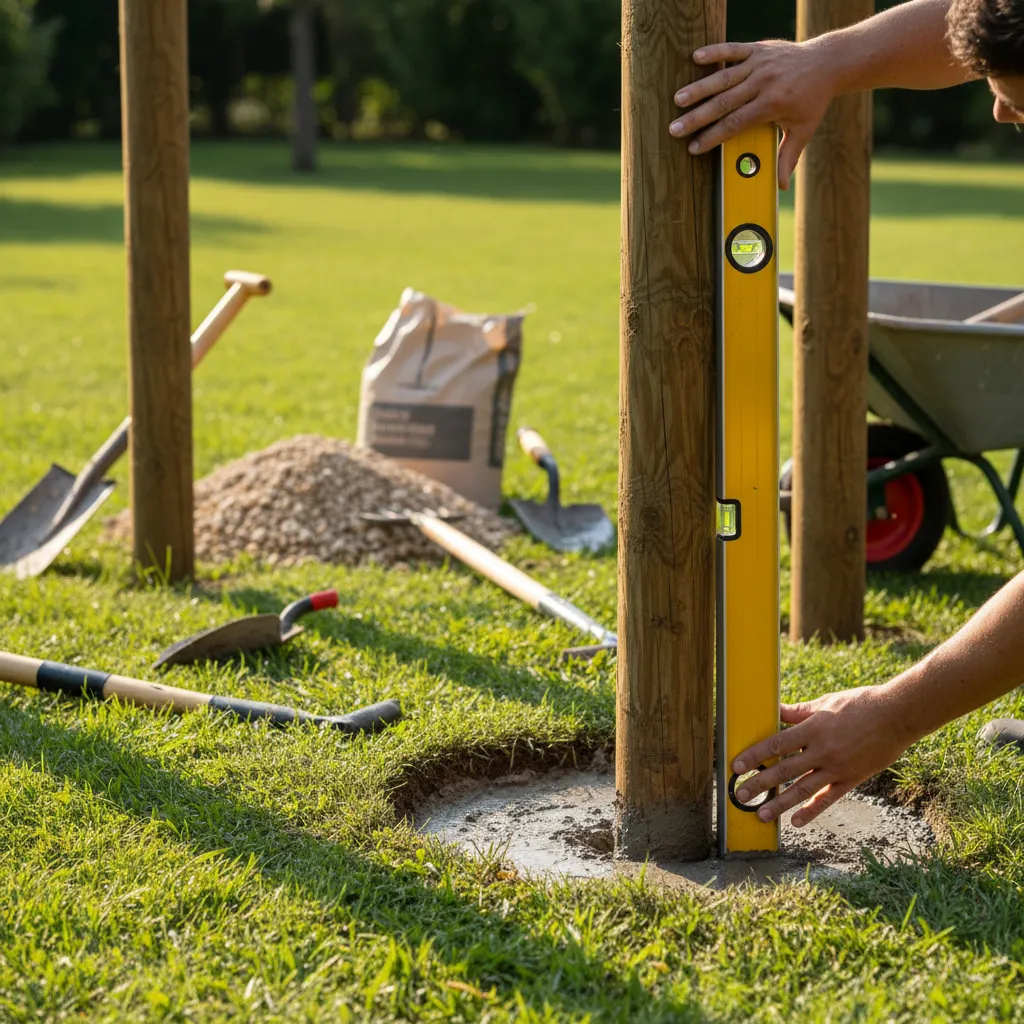 Posa di un palo portante con verifica della verticalità tramite livella a bolla