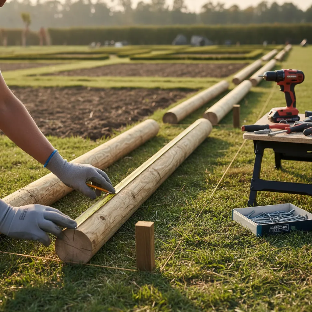 Fase di tracciamento con filo da muratore e picchetti per l'allineamento della recinzione