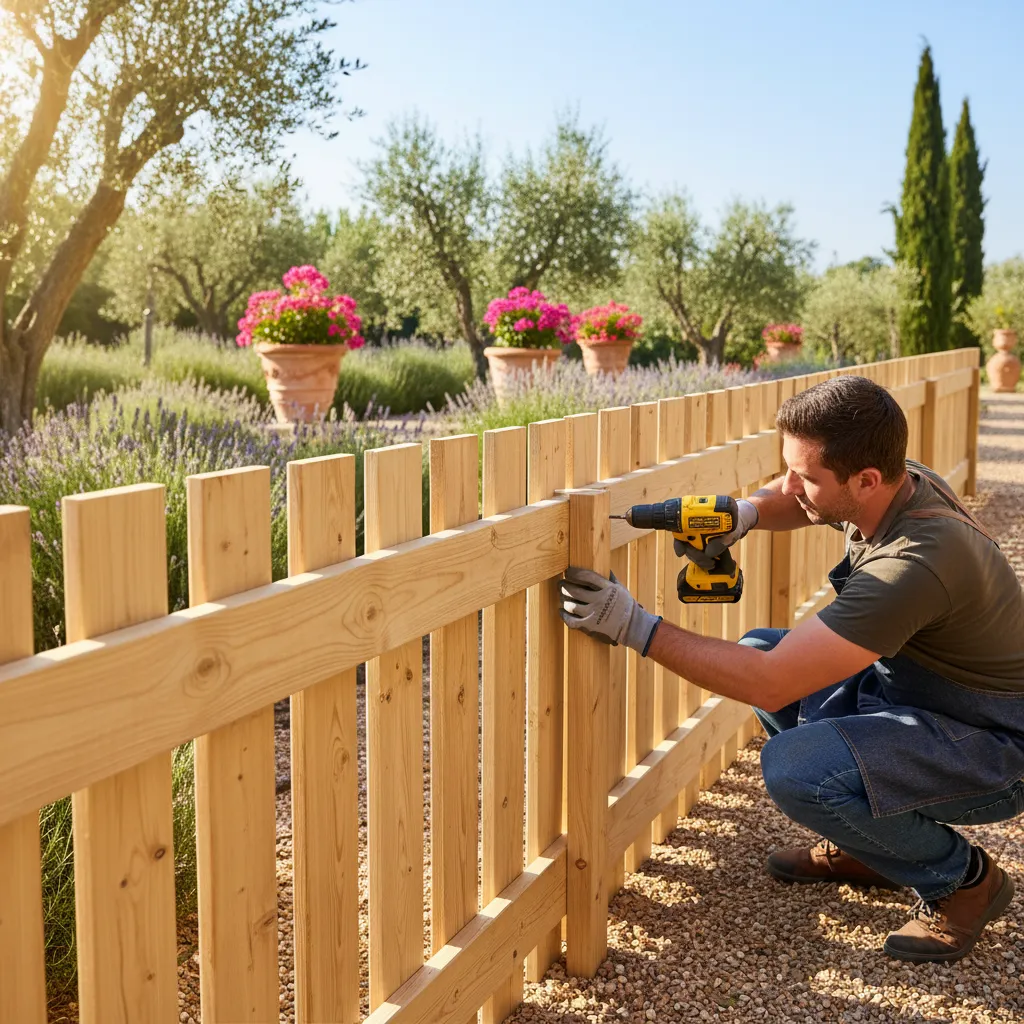 Montaggio delle doghe verticali con avvitatore e distanziatore in legno per spaziatura uniforme