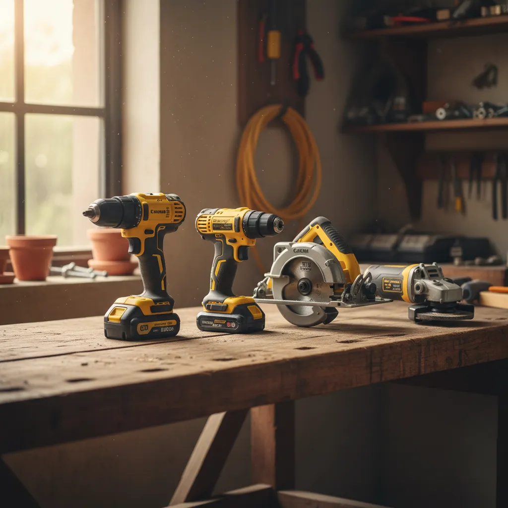 Set di elettroutensili professionali a batteria disposti su un banco da lavoro in legno