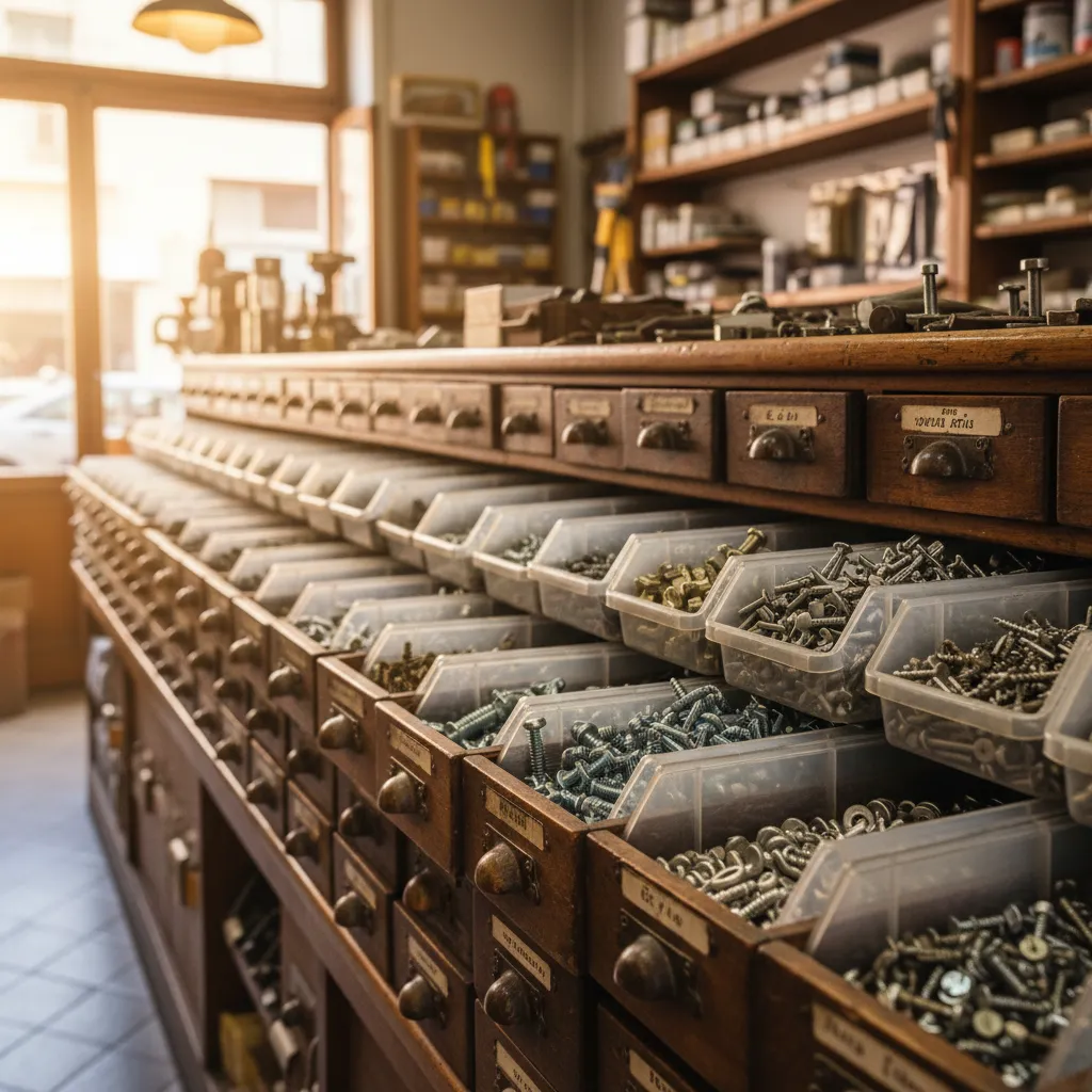 Cassetti e contenitori di minuteria metallica organizzata per tipologia e misura in ferramenta