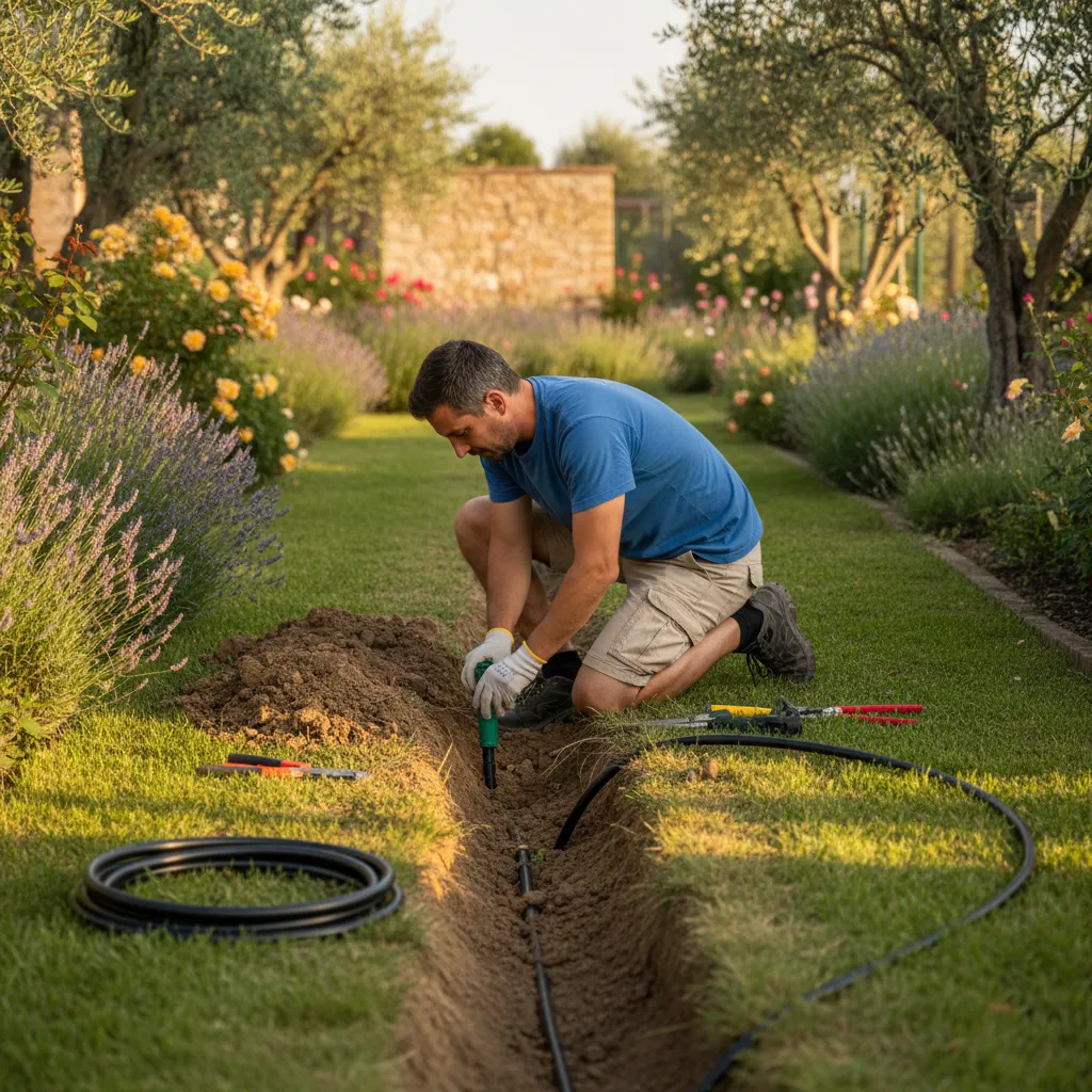 Fase di posa delle tubazioni nella trincea e collegamento degli irrigatori pop-up