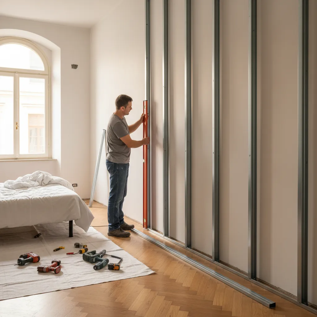 Verifica della verticalità dei montanti metallici con livella a bolla durante il montaggio della struttura