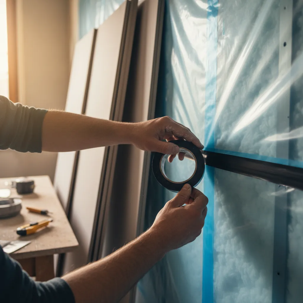 Sigillatura dei giunti della barriera al vapore con nastro butilico prima della chiusura in cartongesso