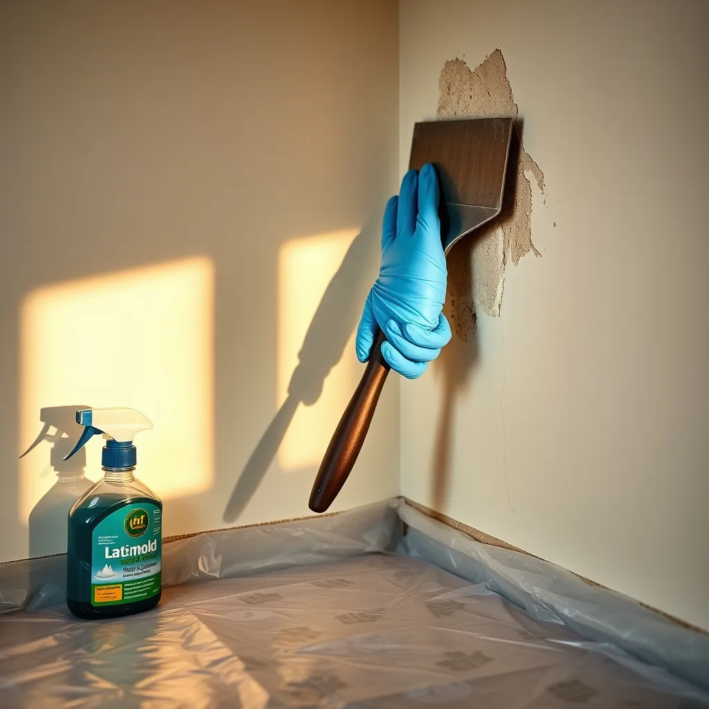 Rimozione dell'intonaco danneggiato e trattamento antimuffa durante il risanamento della parete