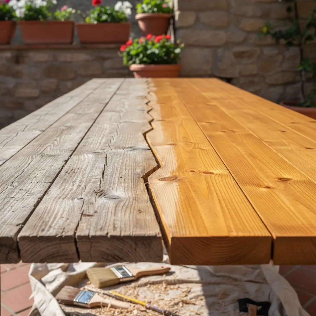 Confronto tra legno non trattato e legno appena verniciato: la differenza è evidente