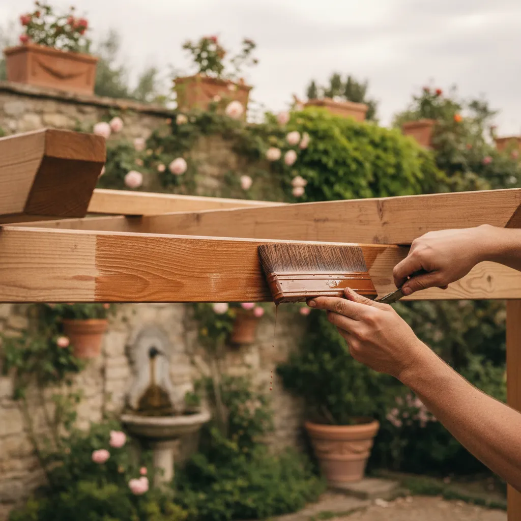 Applicazione dell'impregnante su una trave di pergola con pennello piatto