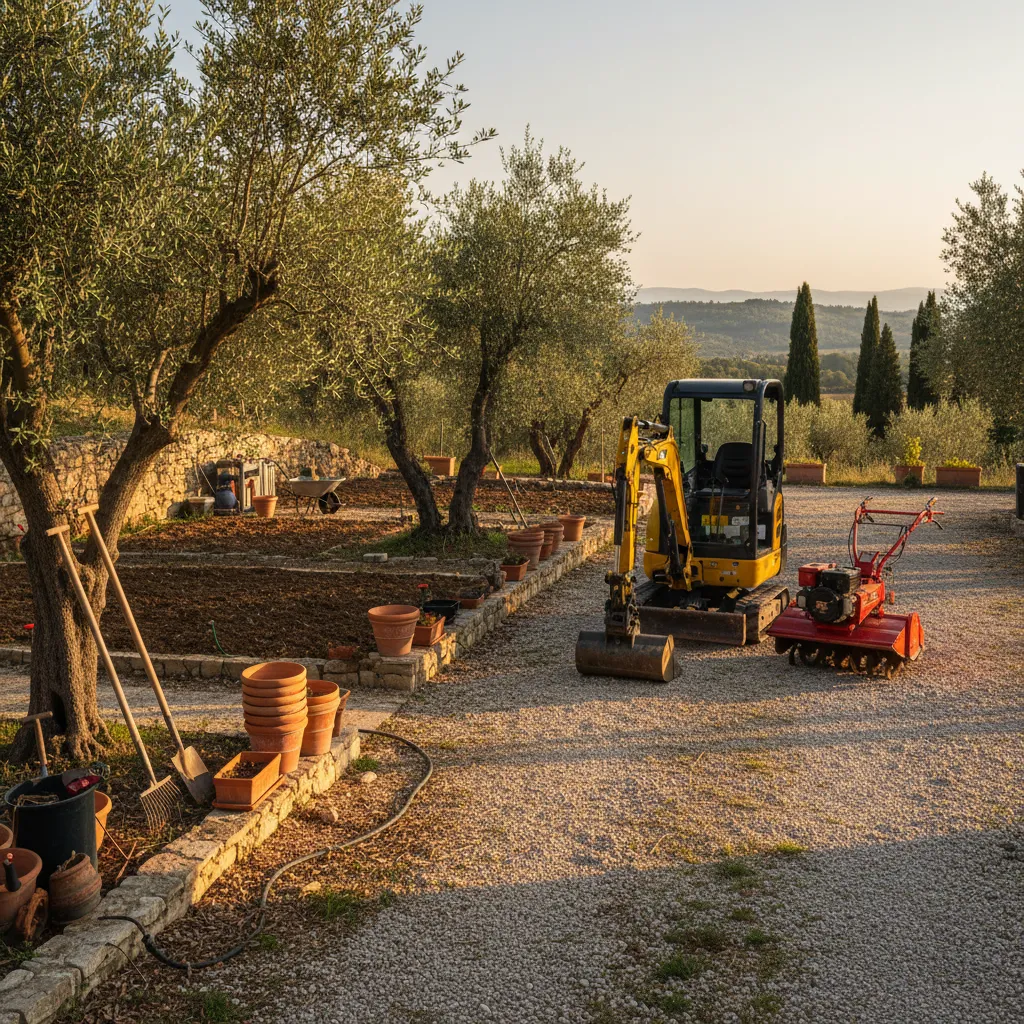 Miniescavatore e motozappa a noleggio pronti per i lavori di sistemazione del giardino