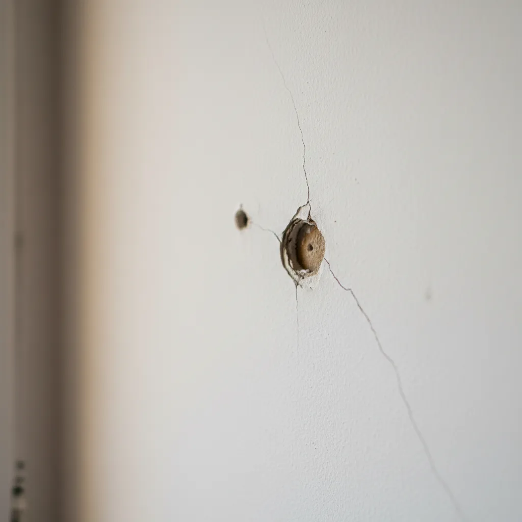 Diversi tipi di danni al cartongesso: foro da chiodo, buco medio e crepa sottile