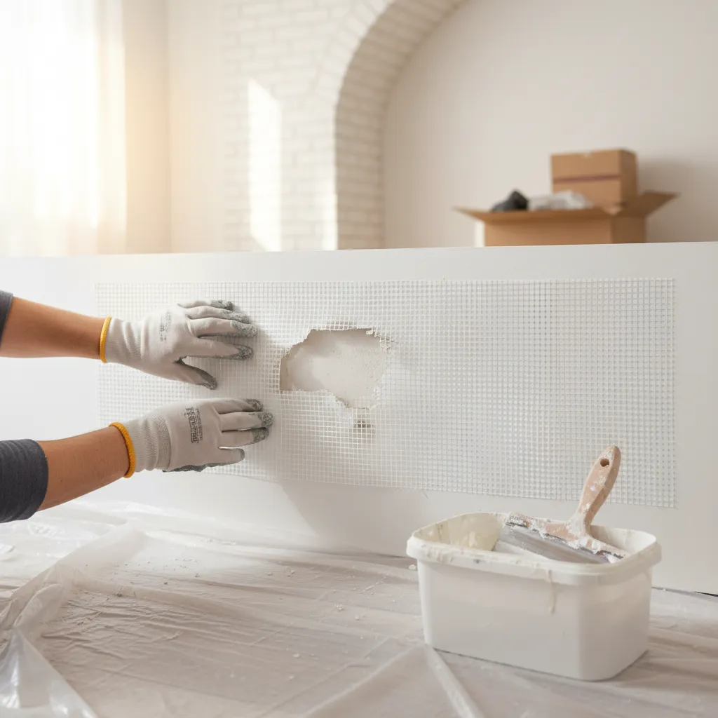 Applicazione della rete adesiva in fibra di vetro su un buco nel cartongesso prima della stuccatura