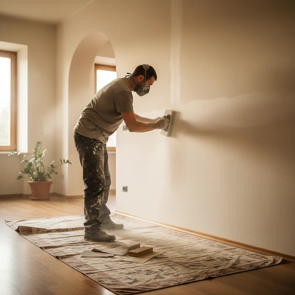 Carteggiatura della zona stuccata per ottenere una superficie perfettamente liscia