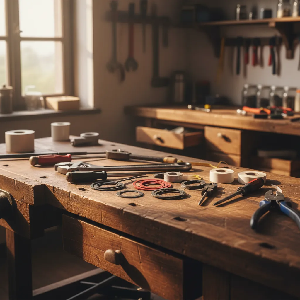 Gli attrezzi essenziali per riparare un rubinetto che gocciola: chiave inglese, cacciaviti, guarnizioni e nastro in teflon