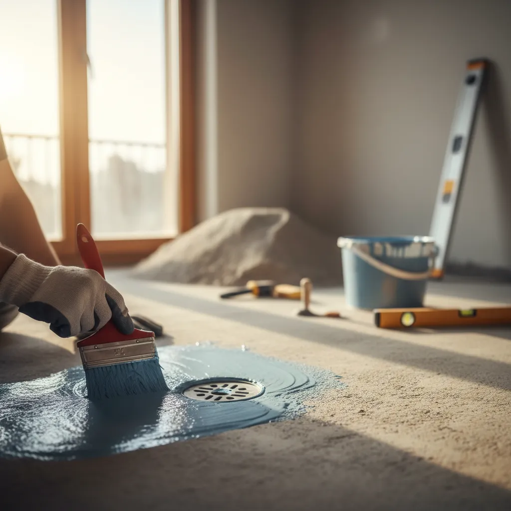 Applicazione della guaina impermeabilizzante liquida nella zona doccia prima della posa delle piastrelle