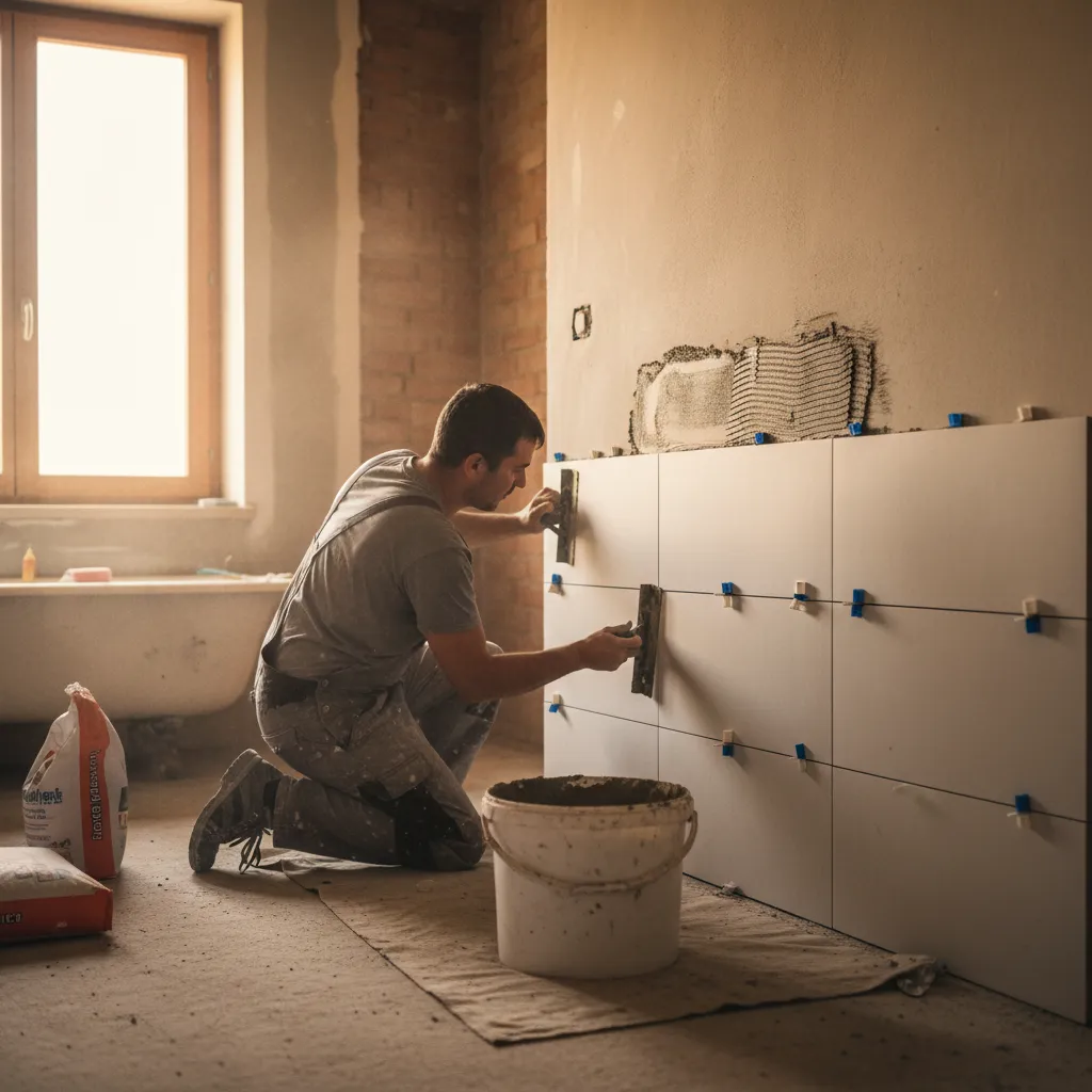 Posa di piastrelle in gres porcellanato sulla parete del bagno con spatola dentata e distanziatori