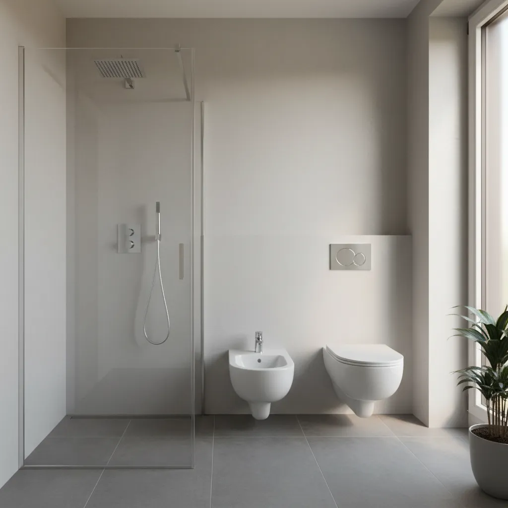 Bagno completamente ristrutturato con sanitari sospesi, doccia walk-in e piastrelle in gres grigio