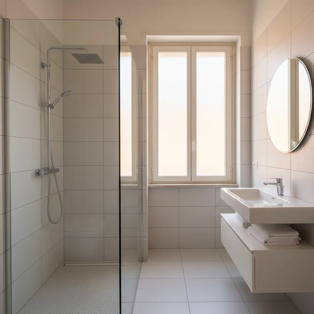 Un bagno appena ristrutturato con piastrelle moderne e sanitari di qualità in un appartamento bolognese