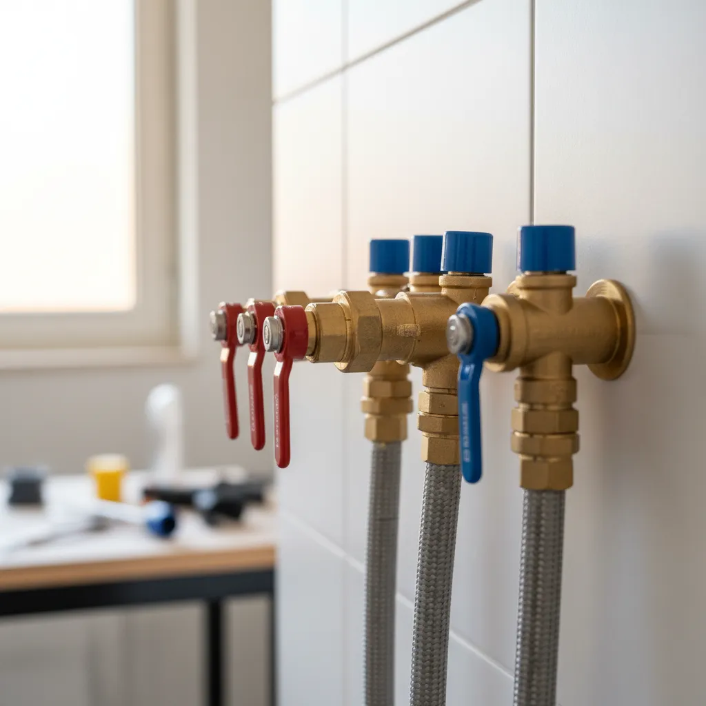 Collettore di distribuzione con tubazioni multistrato per acqua calda e fredda