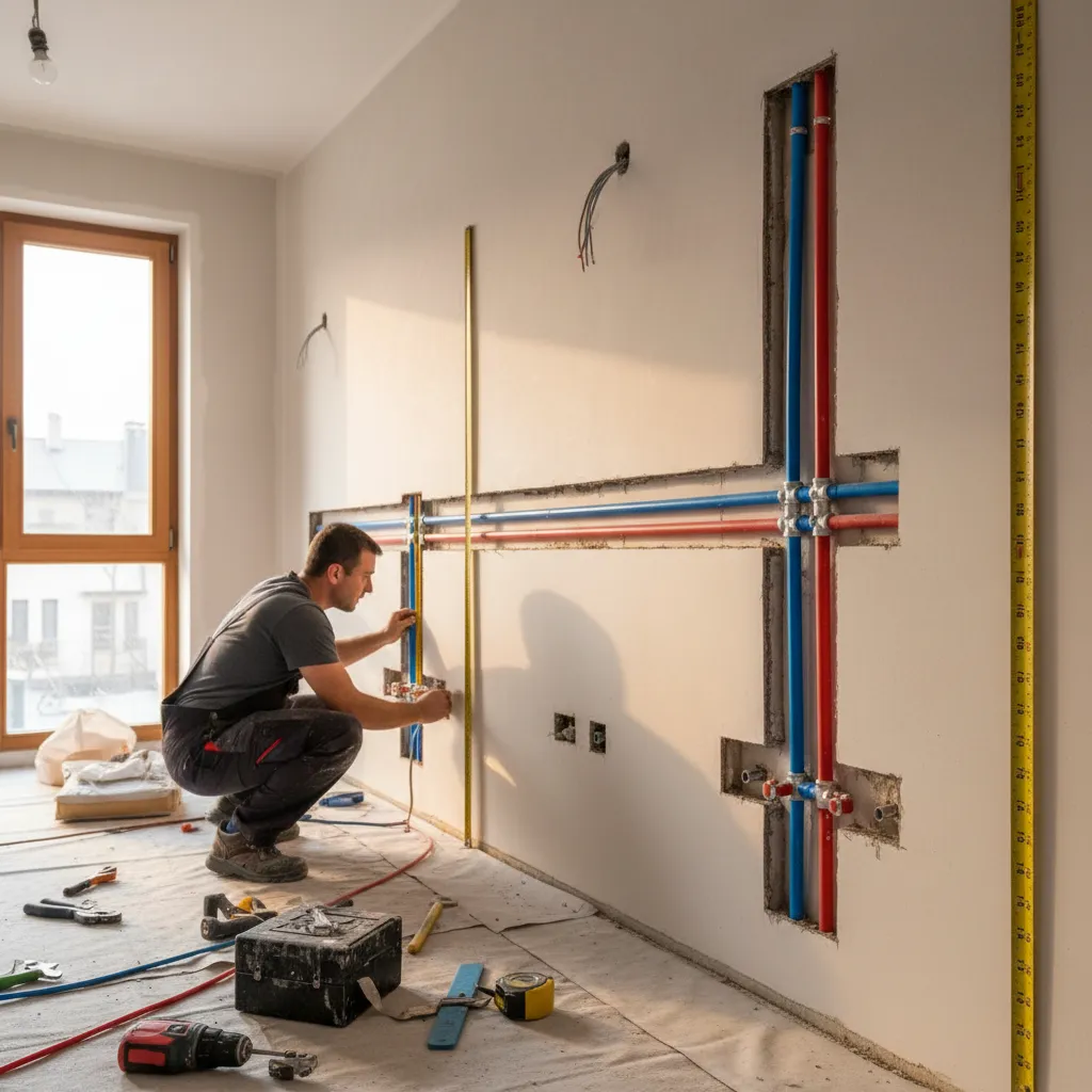 Posa delle tubazioni negli scassi a parete della cucina con rispetto delle altezze standard