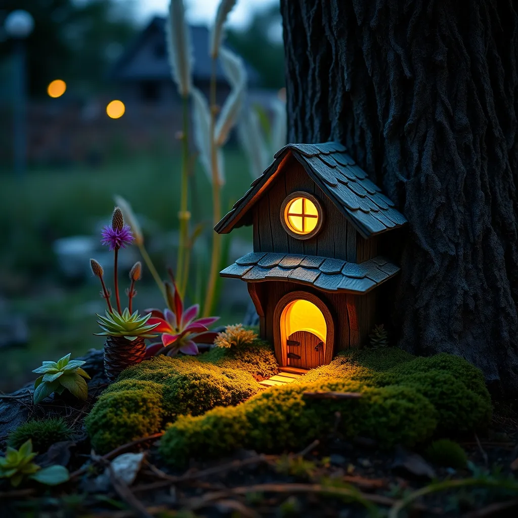 La casetta degli elfi completata e illuminata con lucine LED al tramonto nel giardino