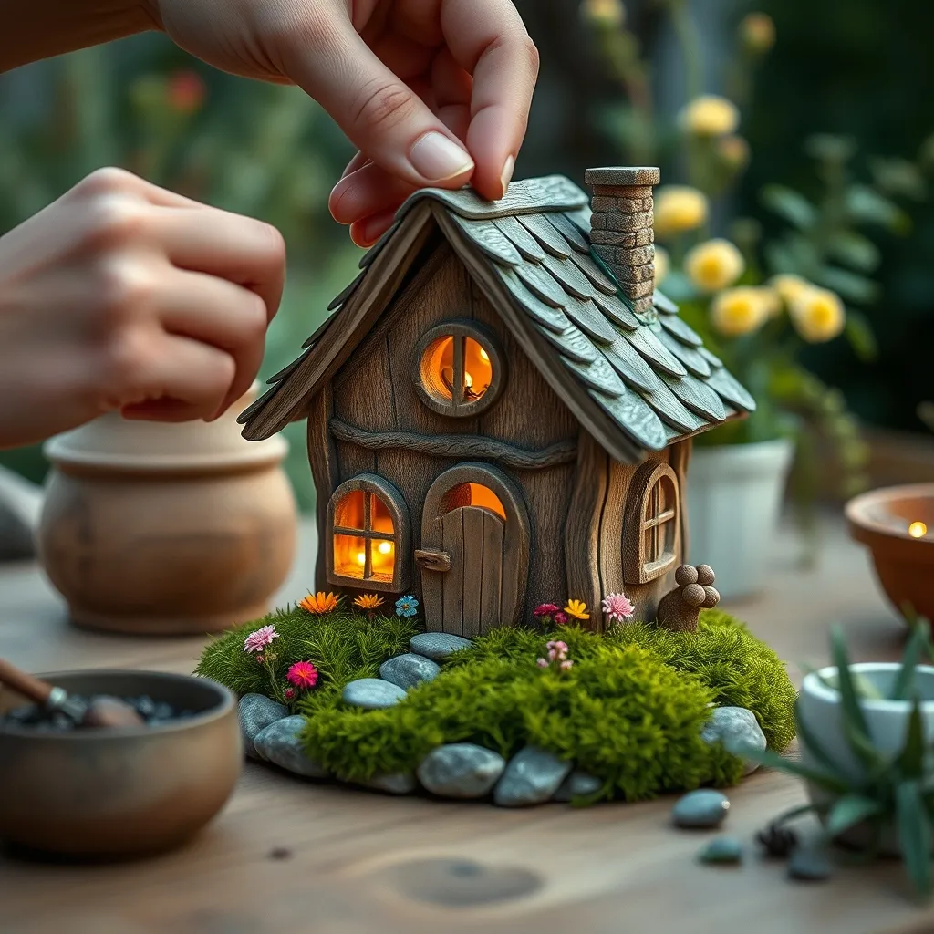 Fase di decorazione della casa elfo con muschio, pittura e illuminazione LED