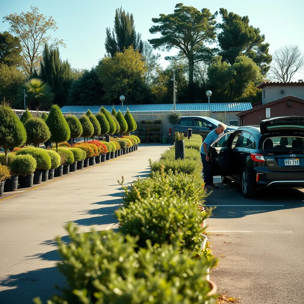 L'area esterna con alberi ornamentali e il comodo parcheggio del garden center