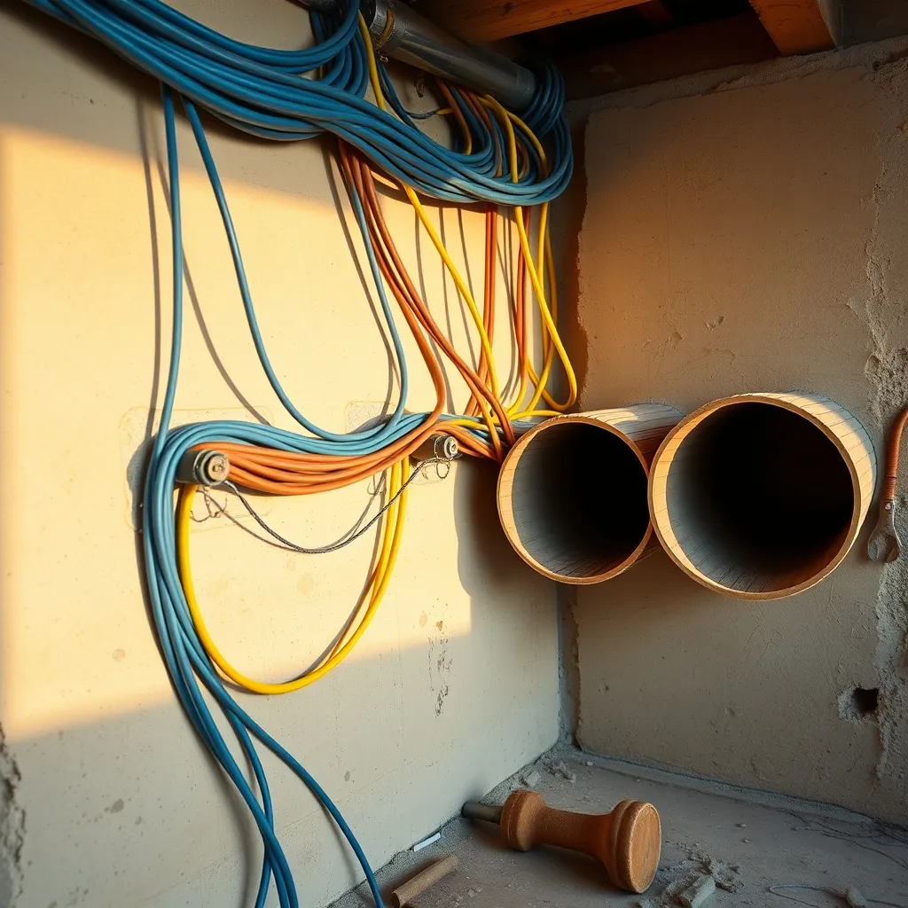 Cavi elettrici di diversi colori posati nei corrugati durante la fase di infilaggio