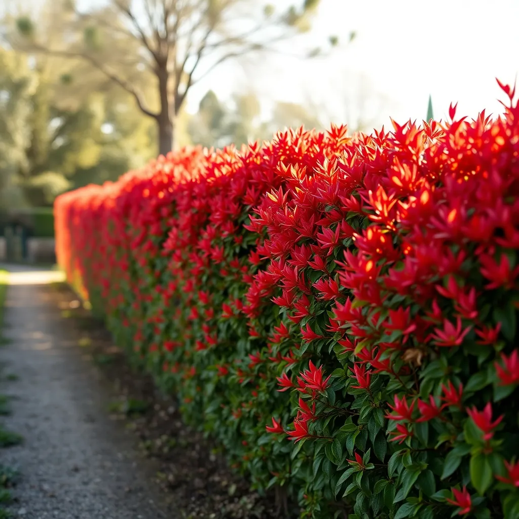 Siepe di photinia con la tipica vegetazione rossa dopo la potatura primaverile