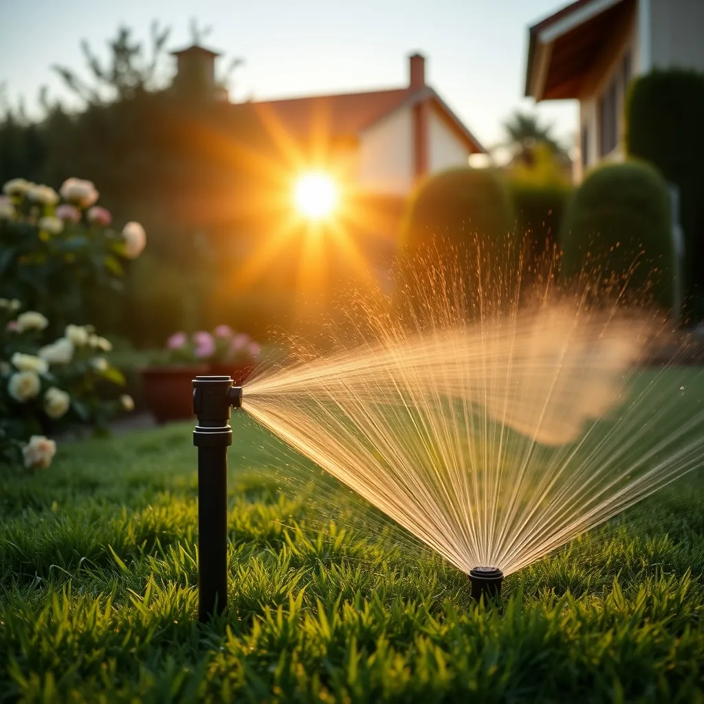 Impianto di irrigazione automatico in funzione in un giardino curato da professionisti