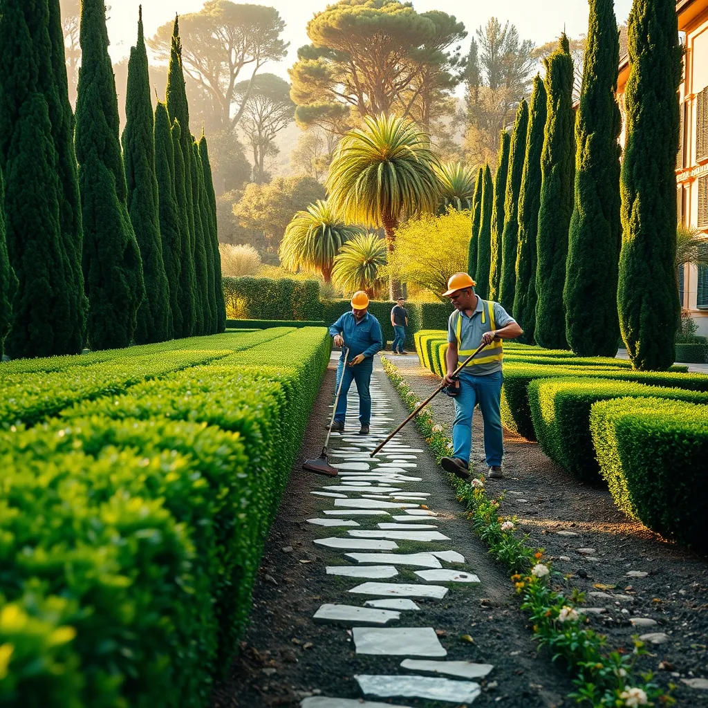 Una squadra di giardinieri professionisti al lavoro sulla manutenzione di un giardino