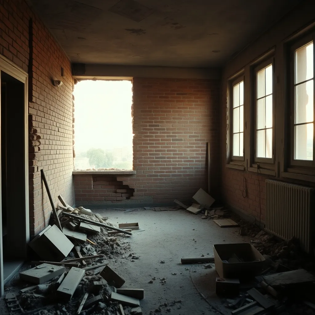 Fase di demolizione delle pareti interne in un appartamento anni '70 durante la ristrutturazione
