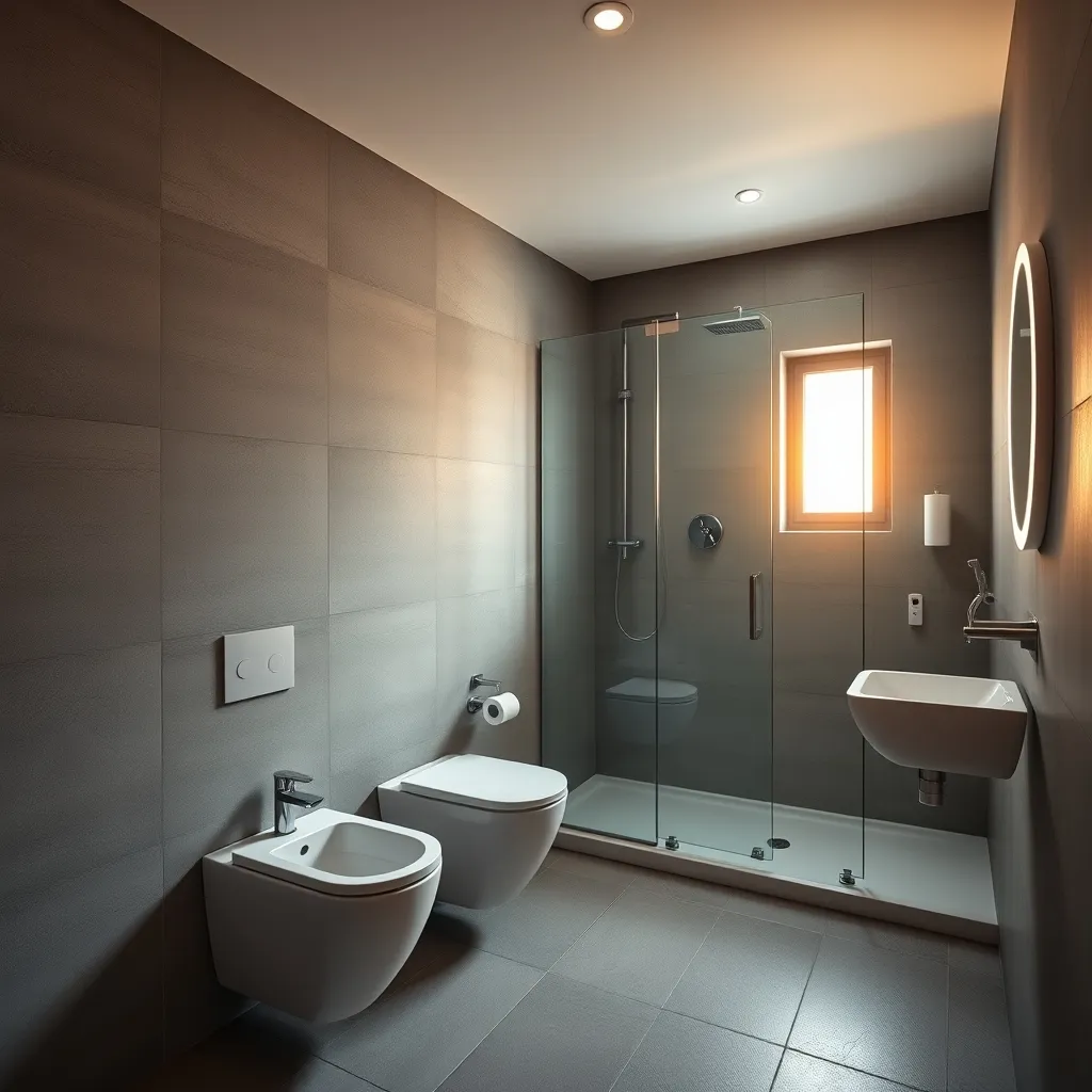 Bagno moderno con sanitari sospesi e doccia walk-in realizzato durante la ristrutturazione