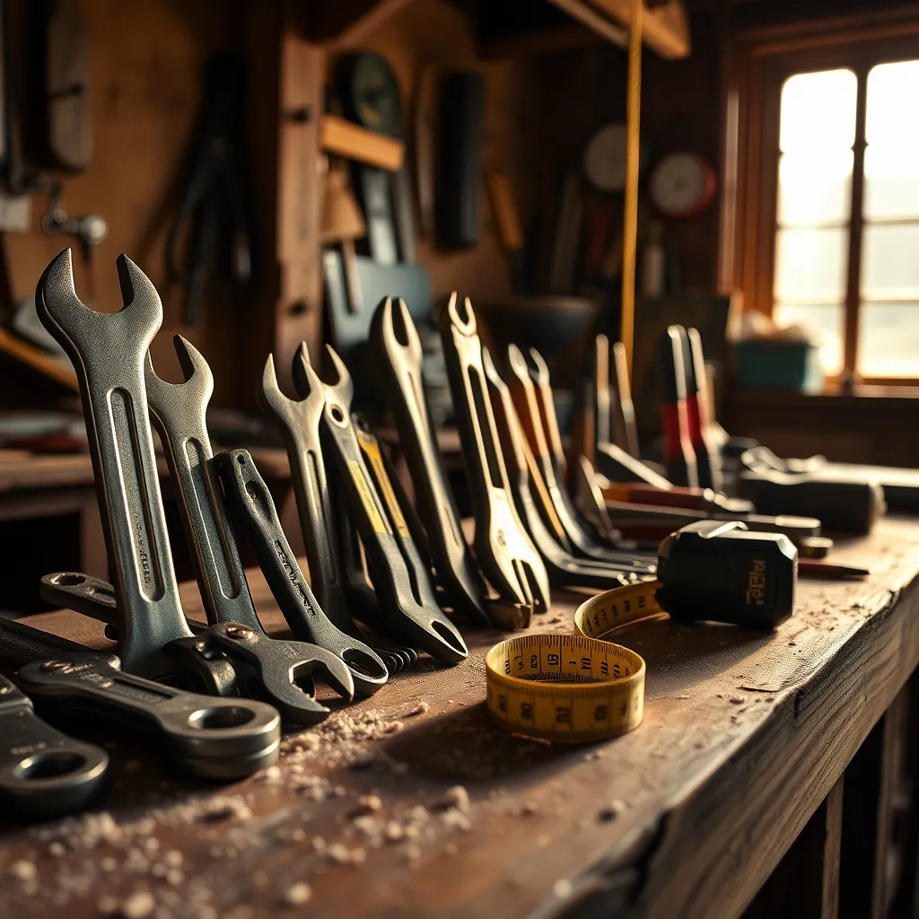 Utensili manuali professionali disposti su un banco da lavoro in legno